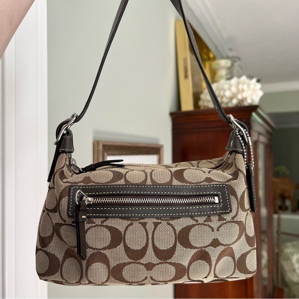 2000s Coach Signature Logo Jaquard and Leather Mini Handbag